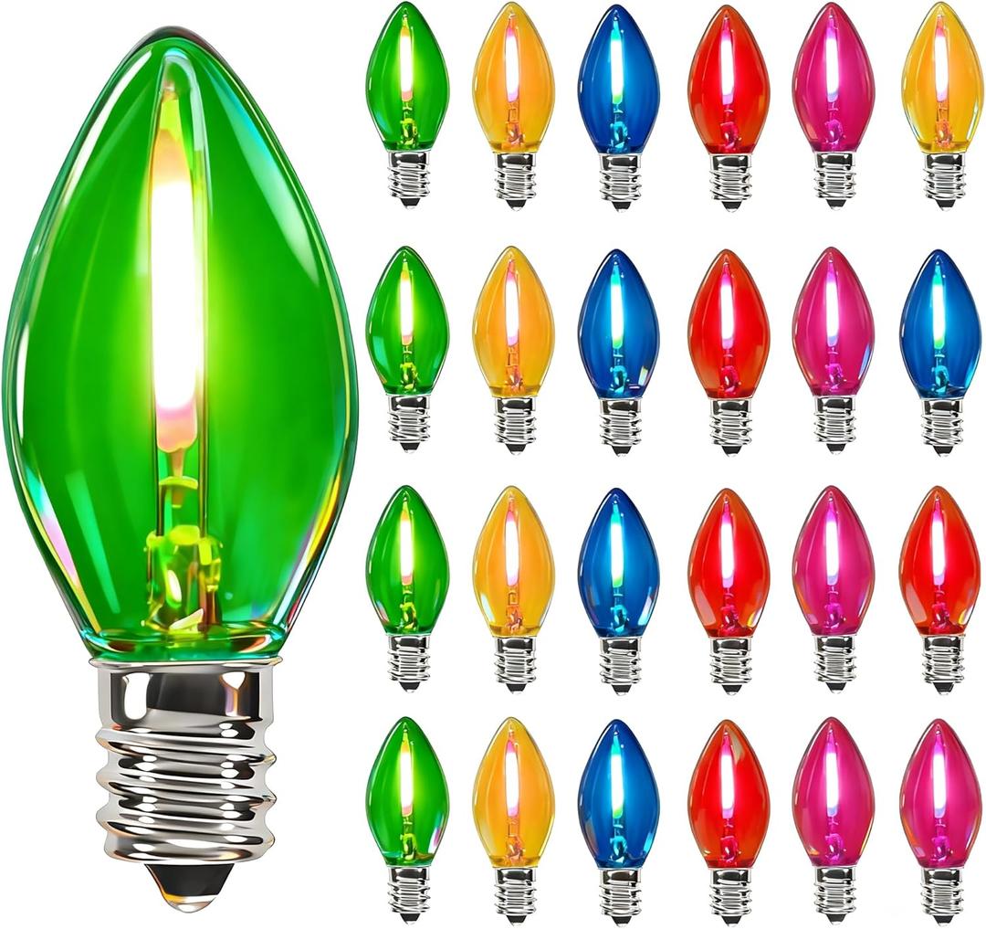 25 Pack C7 Clear Multicolor Christmas LED Light Bulbs, Vintage C7 Replacement Bulbs for Outdoor Christmas String Lights, 0.6W Night Light Bulb for Xmas Tree Patio Party, E12 Intermediate Base, Glass