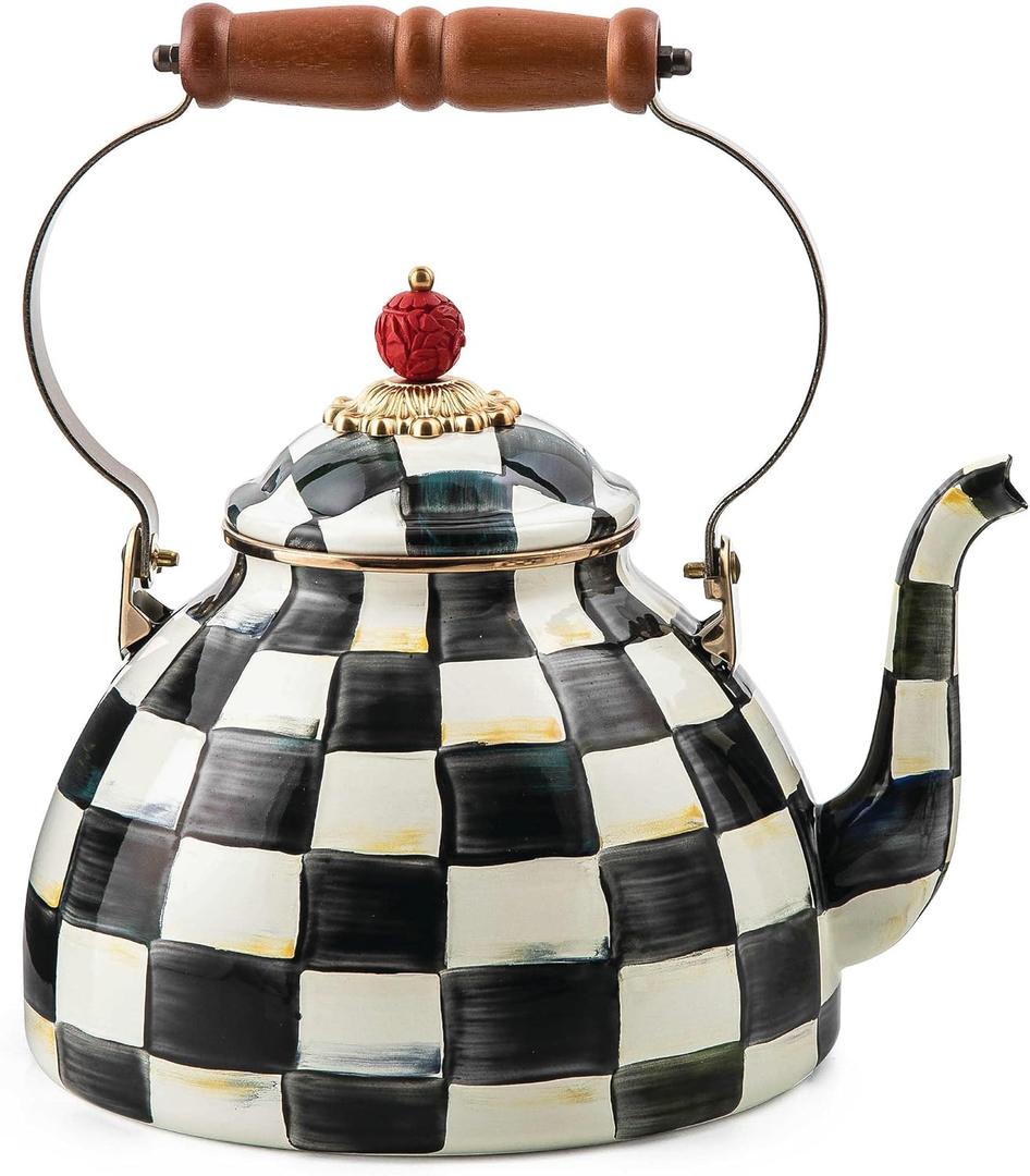 MACKENZIE-CHILDS Enamel Tea Kettle, Stylish Tea Kettle for Stovetop, Black-and-White Courtly Check, 3 Quarts (3 Quarts, Courtly Check)