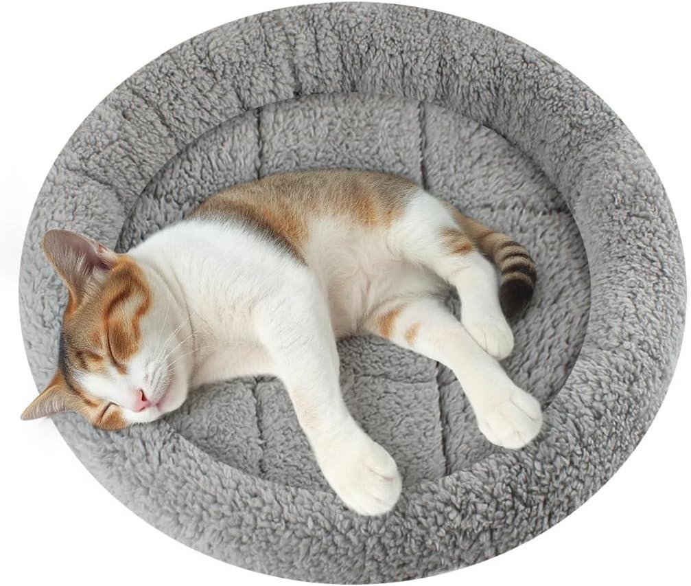 Enjoying Small Cat Bed Mat, 11.81" Round, Self Warming Cat Mat with Pillow Around, Dog Kitty Curling Sleep Cushion, Soft Kitten Pad for Carrier/Crate, Rabbit Warm Bed, Antiskid Bottom, Small