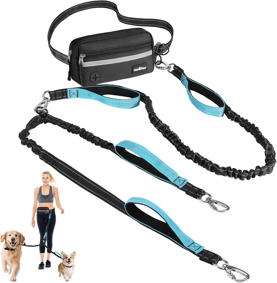 VavoPaw Hands Free Dog Leash for 2 Dogs with Pouch, Waist Leash for Dog Walking, Jogging, Hiking, Retractable Leashes with Dual Padded Handles, Adjustable Reflective Belt for Small, Medium, Large Dogs (Black/Blue)