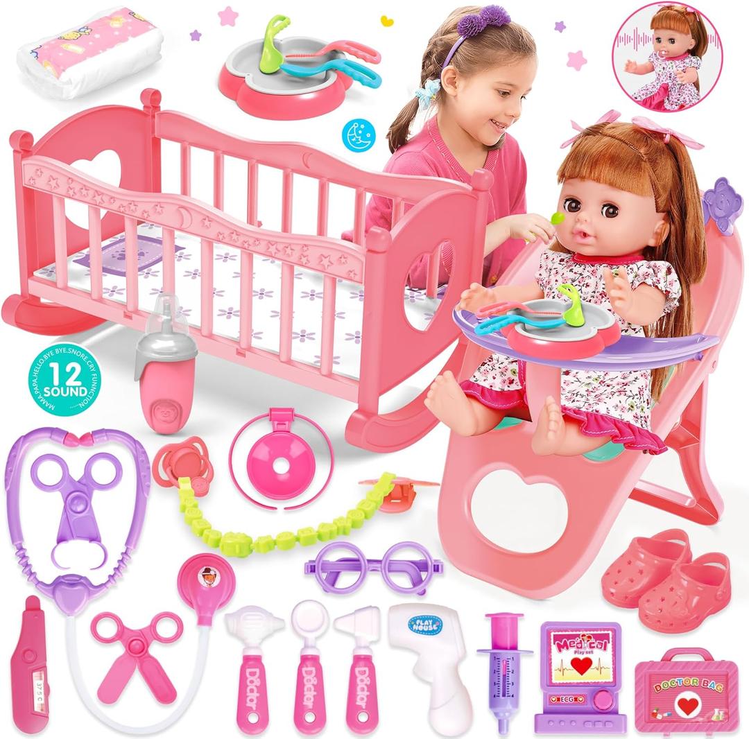 Baby Doll Toys Set, 14" Doll Toys, 25Pcs Dolls Care Toy Playset, Toddlers Toy Dolls Set Incl Cradle Crib, High Chair, Milk Bottle, Pacifier, Diaper, Baby Gift for Age 3 4 5 6+ Years Old Girls Boys
