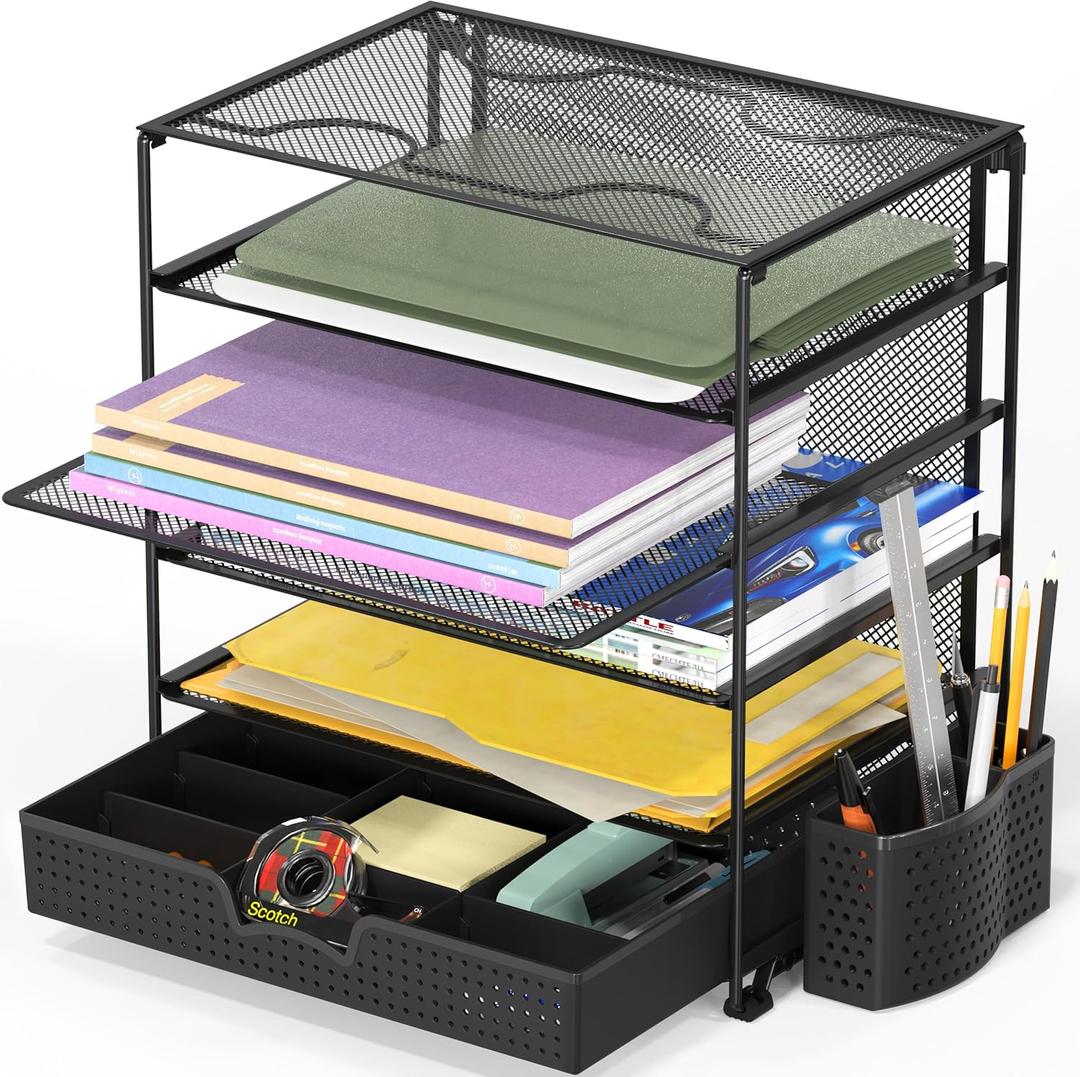 Simple Houseware 5-Tier Document File Tray with Supplies Sliding Drawer and Pen Bucket, Black