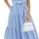 Womens Striped Summer Dress Elegant Ruffled Sleeve Button Down Tie Waist Maxi Shirt Dresses (Blue, XL)