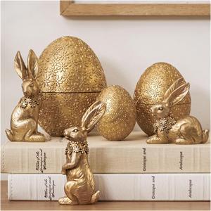 DN DECONATION 6PCS Easter Decorations with 3 Rabbits and 3 Nesting Easter Eggs, Small Gold Easter Bunny Figurines Decor, Spring Tabletop Decor Egg Statues, Vintage Decor Flowers Embossed (Set of 6)
