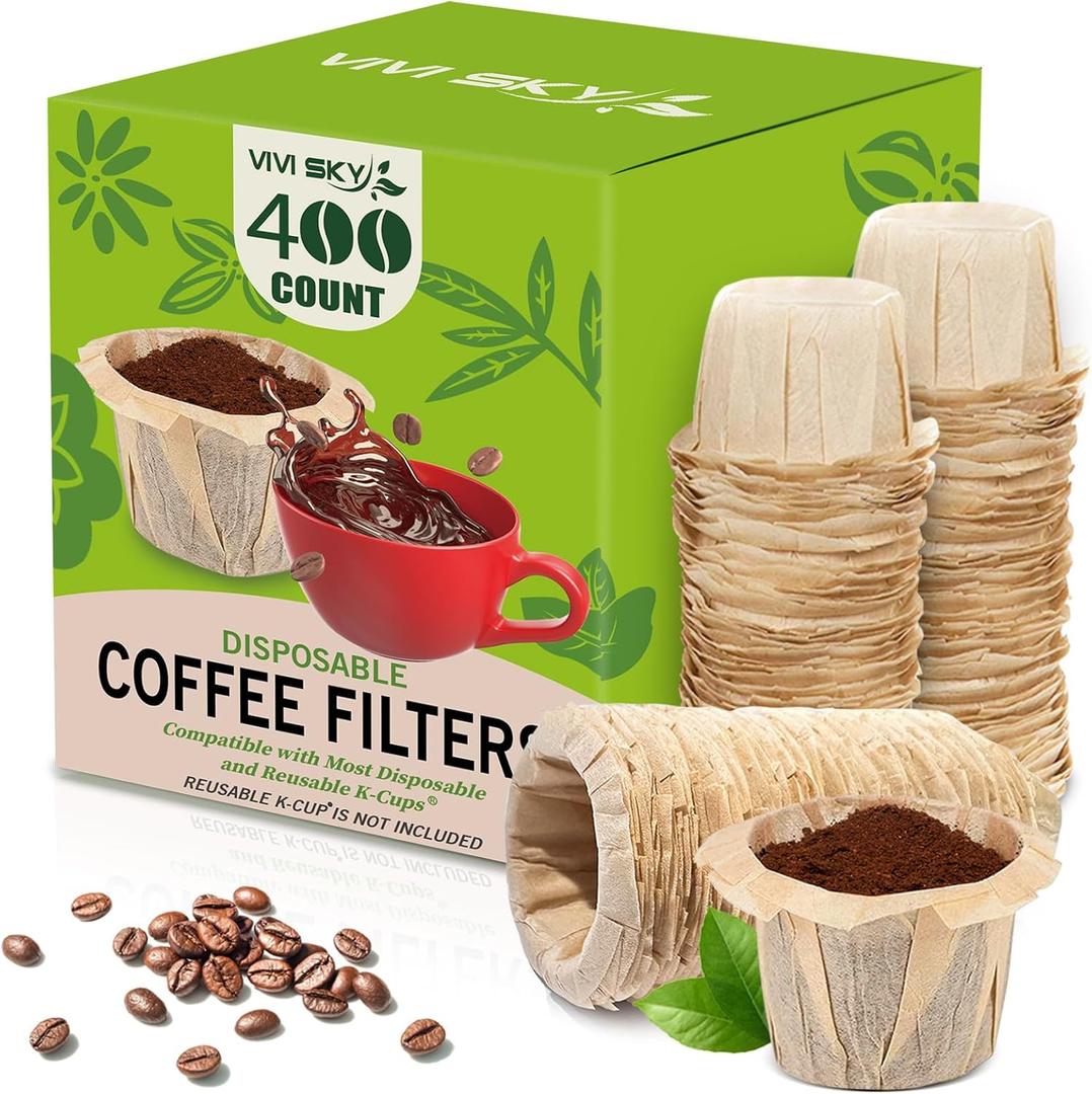 VIVI SKY Disposable K Cup Coffee Filters,400 Count Coffee Filter Paper Filters for Keurg Brewers Single Serve 1.0 and 2.0, Use with Reusable K Cup Coffee Pods (400, Unbleached) (Natural)