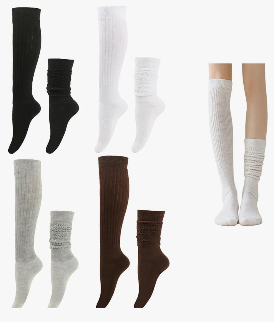 4 Pairs Slouch Socks for Women (Black, White, Light Gray, Coffee) - Thickened Knee High Boot Socks, Warm Leg Warmers, Cute Scrunchy Chunky for Winter & Boots