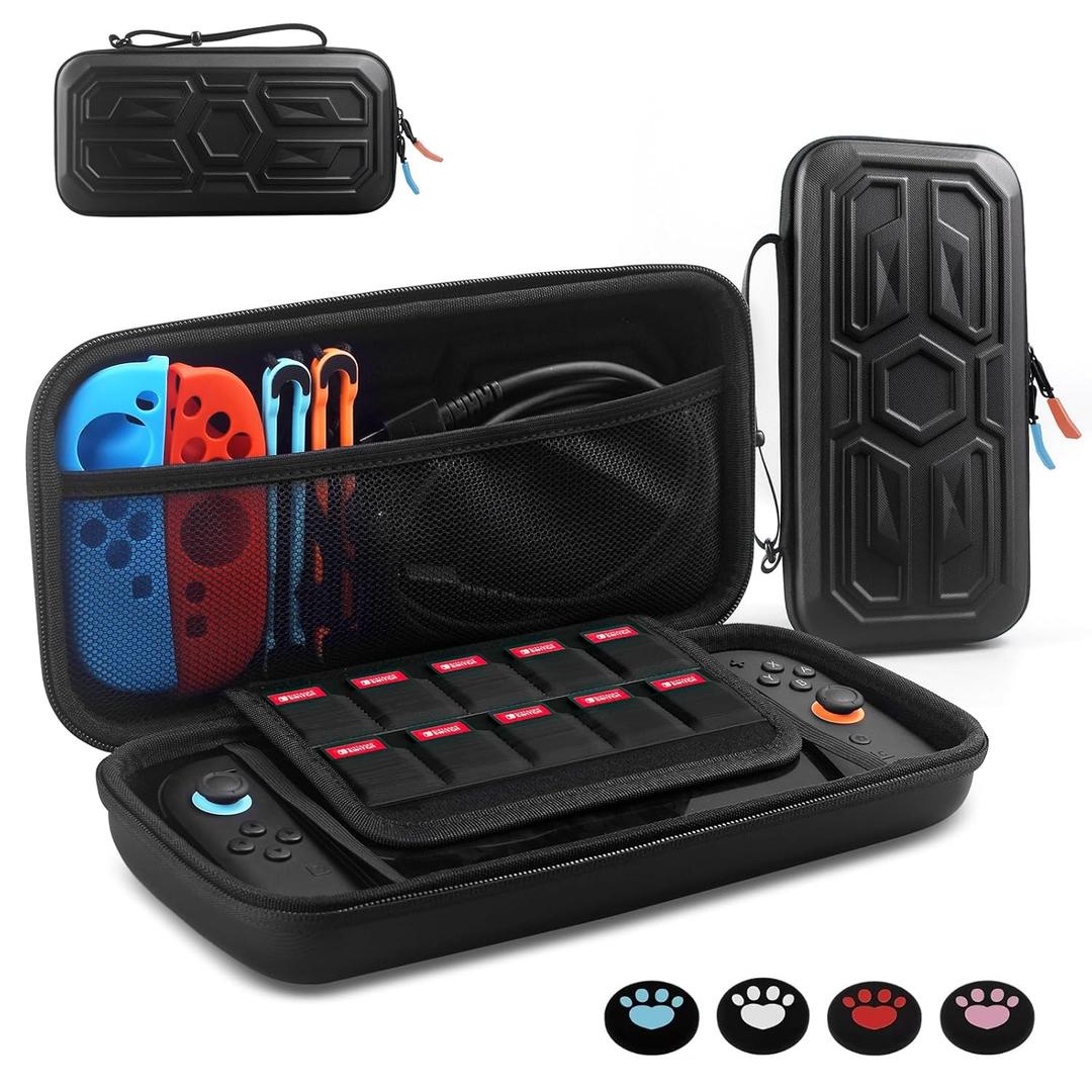 URMLCUS Carrying Case for Nintendo Switch 2 (2025), Hard Shell Travel Case with 10 Game Card Slots, Water Resistant & Shock Resistant Protection for Console & Accessories +4 Thumb Grip Caps (Black)