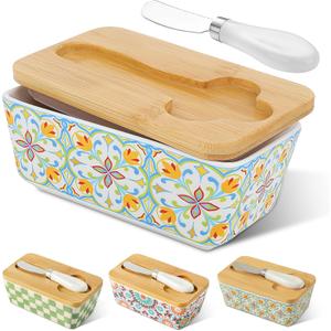 Butter Dish with Lid, Covered Butter Dish for Countertop & Fridge, Ceramic Butter Holder with Bamboo Lid & Butter Knife, Green Cute Butter Dish, Bohemian Kitchen Decor (Green-Standard Size)
