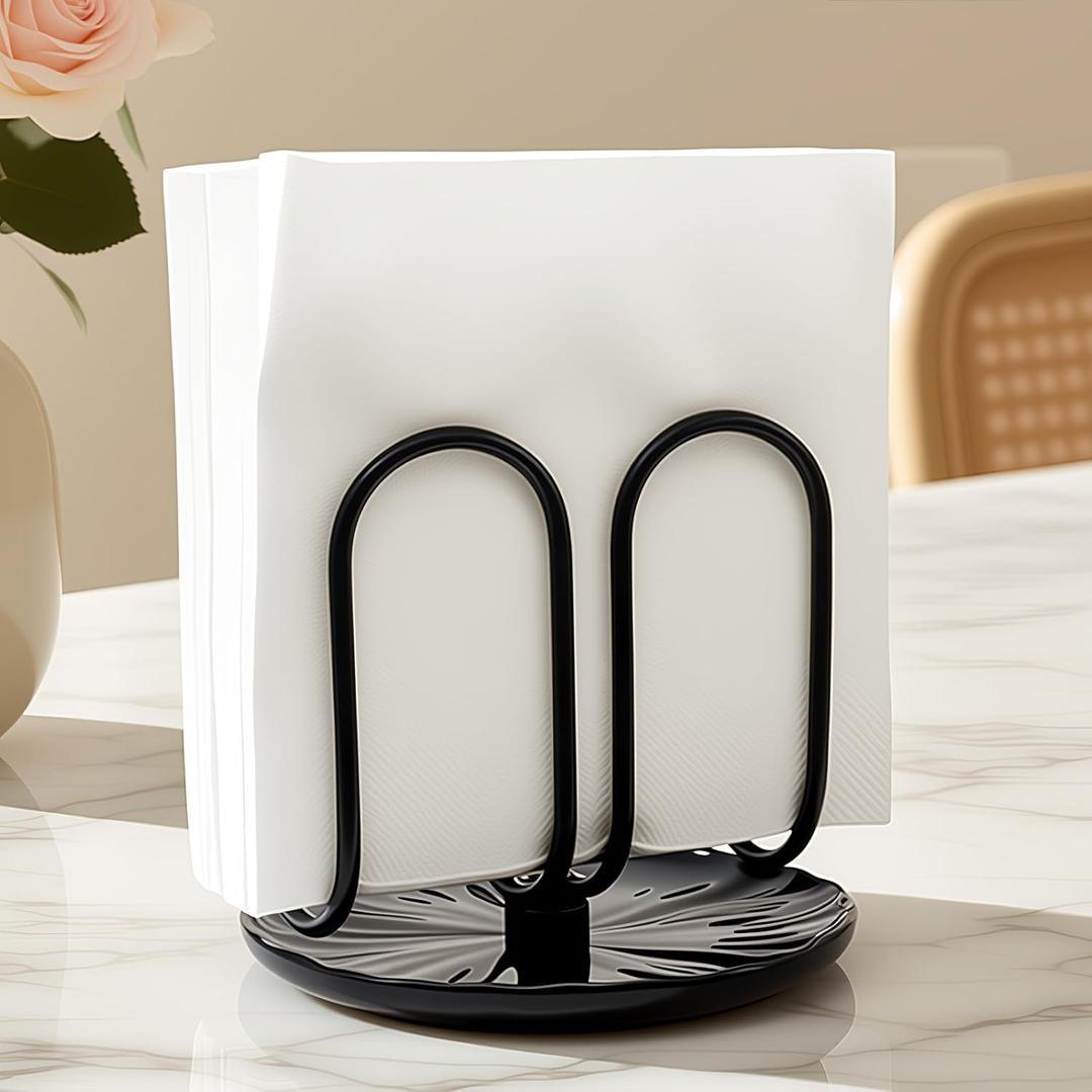 VROOMIUM Napkin Holder for Table, Ceramic Base Effortless Cleaning, 1 lb Weight, Chic Black Napkin Holders for Paper Napkins, Servilleteros para Mesas