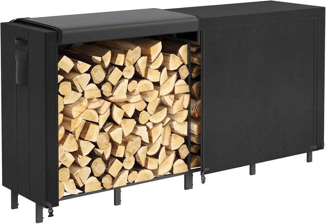 Lifewit 8 FT Firewood Rack Outdoor with Waterproof Cover, Indoor/Outdoor Wood Storage with Side Pocket, Heavy Duty Firewood Holder for Fireplace, Fire Pit, Black, 244 x 59 x 122 cm/96 x 23 x 48 inch