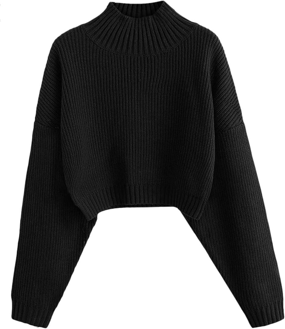 ZAFUL Women's Cropped Turtleneck Sweater Lantern Sleeve Ribbed Knit Pullover Sweater Jumper (X-Large, 0-black)
