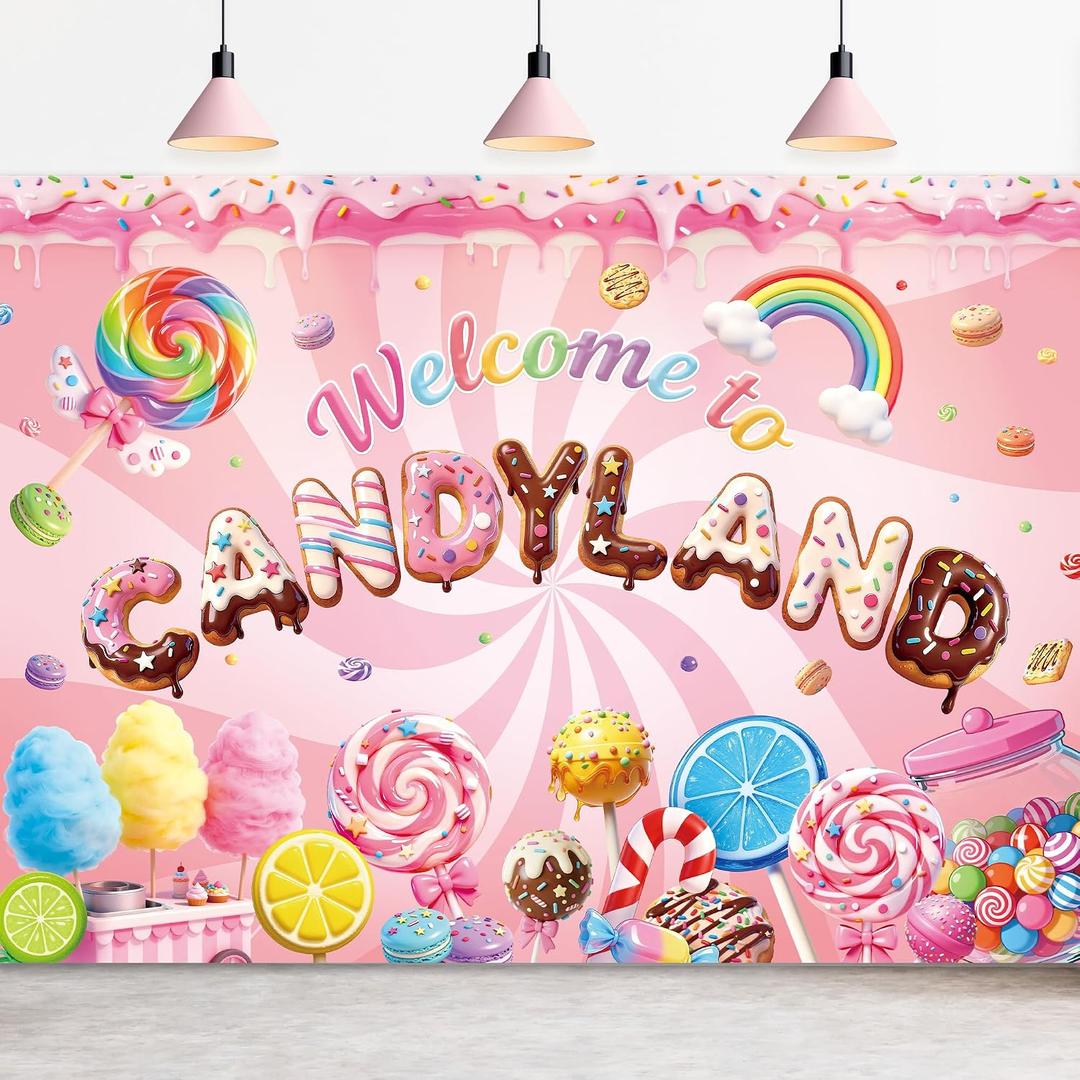 Omifly Candyland 7Wx5H Backdrop for Photography Welcome to Candy Land Sweet Cartoon Rainbow Fantasy Wonderland Girls Kids Background Party Decorations Cake Table Banner Decor Photo Booth Studio Prop