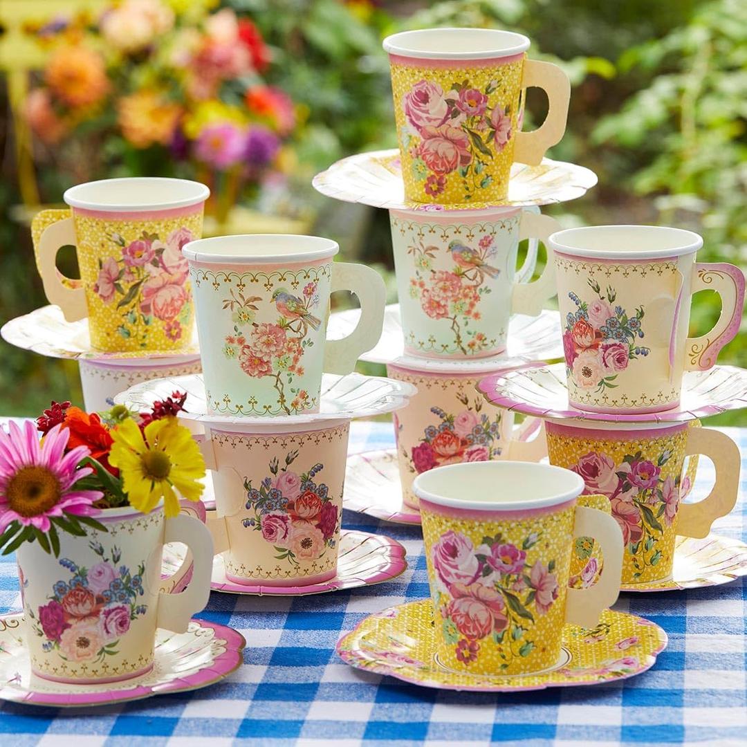 Talking Tables 24 x Vintage Paper Floral Disposable Tea Cups & Saucer Set, Afternoon Tea Party Table Decorations For Mothers Day, Birthday, Baby Shower, Wedding - 6inches
