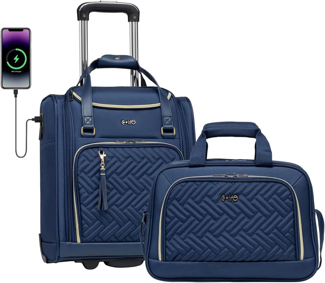 Coolife Luggage Carry On Luggage Underseat Luggage Suitcase Softside Wheeled Luggage Lightweight Rolling Travel Bag Underseater (Blue, Carry-On 16-Inch)