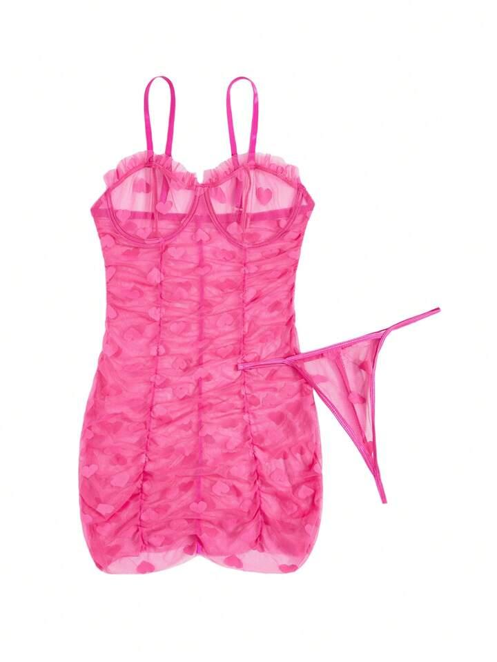 Heart Mesh Frill Trim Underwire Sexy Lingerie Dress & Thong, Medium