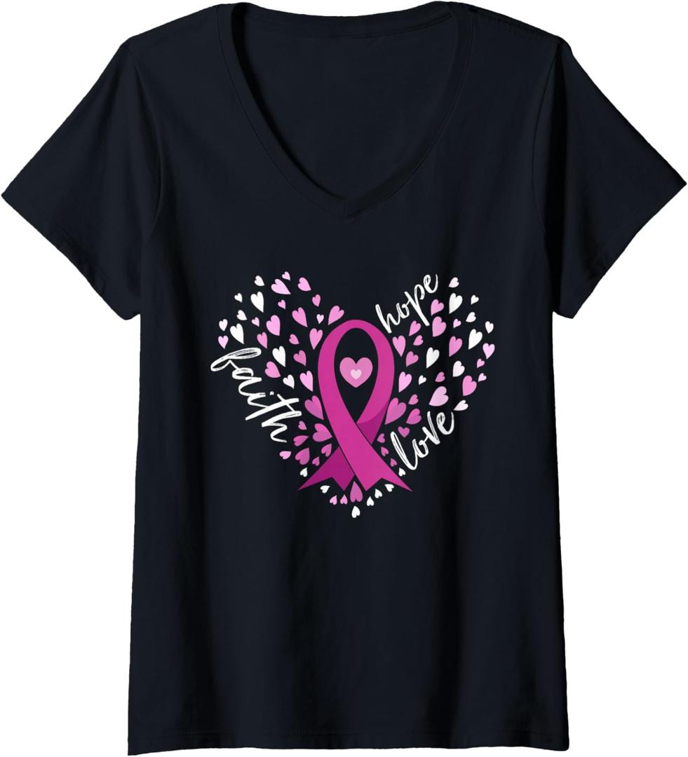 Womens Faith Hope Love Breast Cancer Awareness Pink Ribbon Warrior V-Neck T-Shirt, Black, Extra Large, Black 