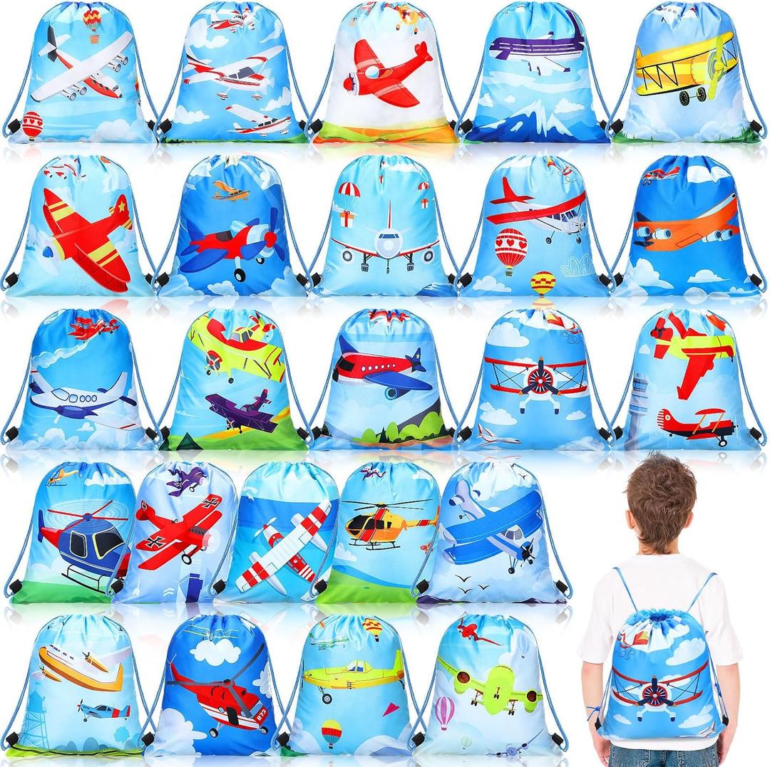 Talltalk 24 Pcs Airplane Drawstring Party Favors Gift Bags Kids Birthday Party Supplies Airplane Backpack Drawstring Pouches Wrap Goodie Bags for Girls Boys Travel Decorations