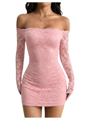 GORGLITTER Women's Lace Long Sleeves Mini Dress Y2K Fall Sexy Off The Shoulder Bodycon Night Out Birthday Party Dresses Dusty Pink XX-Small