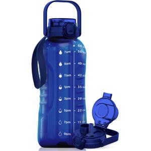 AQUAFIT 64 oz Water Bottle with Time Marker - 2in1 Straw & Chug Lid - BPA Free Big Water Bottle with Straw - Gym Water Bottle with Strap - Water Jug (64 Ounces, Blue)