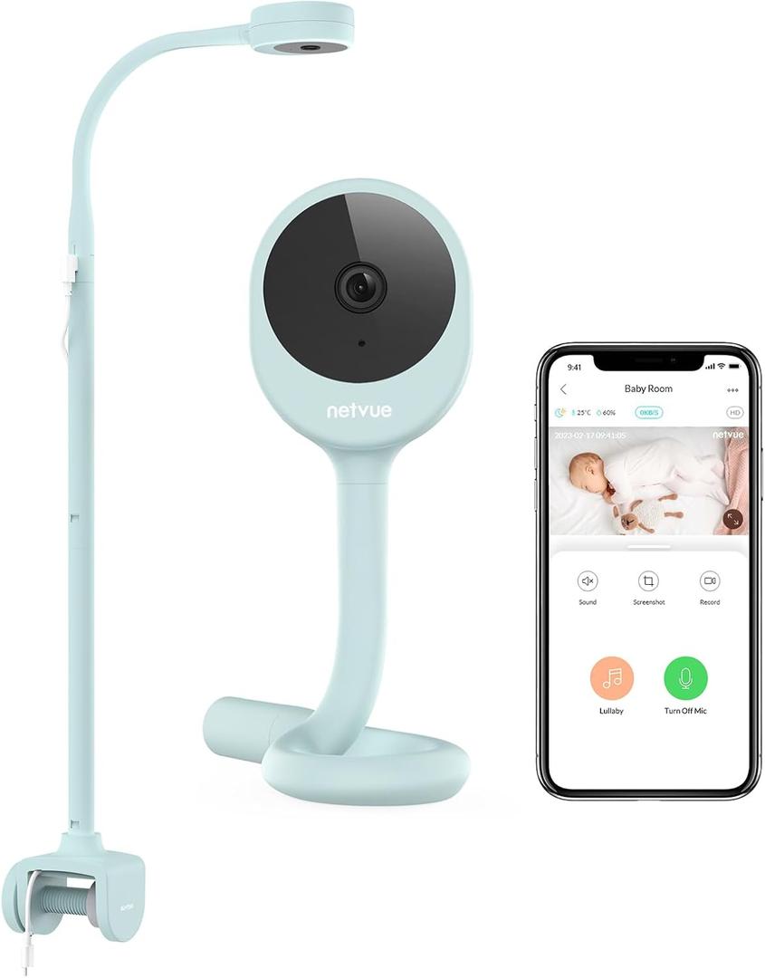 NETVUE Peekababy Baby Camera with Wireless Audio, Adjustable Crib Mount Monitor, Works via 2.4GHz Wi-Fi for Wide Coverage & Stable Connection, Smart App, Two-Way Talk (Blue)