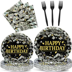 gisgfim 96PCS Money Birthday Party Supplies Paper Plates Napkins Money Decorations Tableware Set Disposable Hundred Dollar Bills Birthday Party Decorations Favors for Adults Serves 24