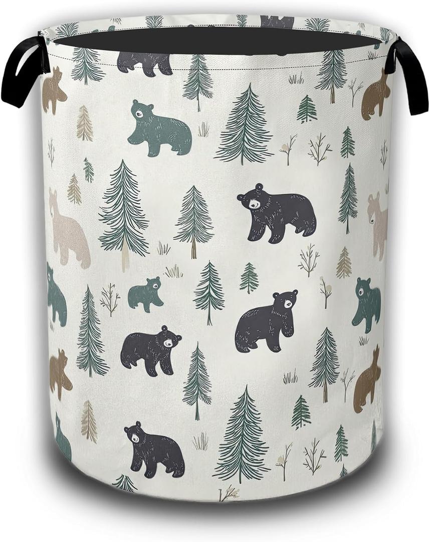 Bear Pine Tree Laundry Basket,Wild Animal Laundry Hamper Waterproof Oxford Cloth Tote Collapsible,Clothes Storage Bucket Decorative Toy Organizer For Bathroom Bedroom 16" x 20.8"