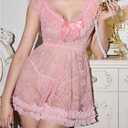 OYOANGLE Women's Sheer Lace Ruffle Chemise Nightgowns Babydoll Lingerie Set V Neck Mesh Sleepwear (Pink, L)