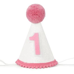 BAOBAOJOY Girls' First Birthday Cone Hat–Glitter White with Pink Pom Topper, Perfect for Cake Smash & Baby's 1st Birthday Photos, Perfect Party Decoration(1Glitter White)