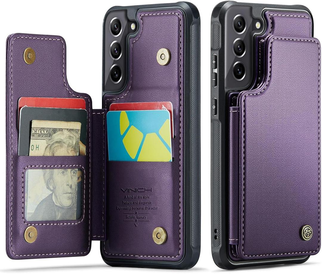 Vinich for Samsung Galaxy S21 FE Wallet Case with Card Holder, RFID Blocking Credit Slots Kickstand Shockproof Phone Cover for Women Men, Purple