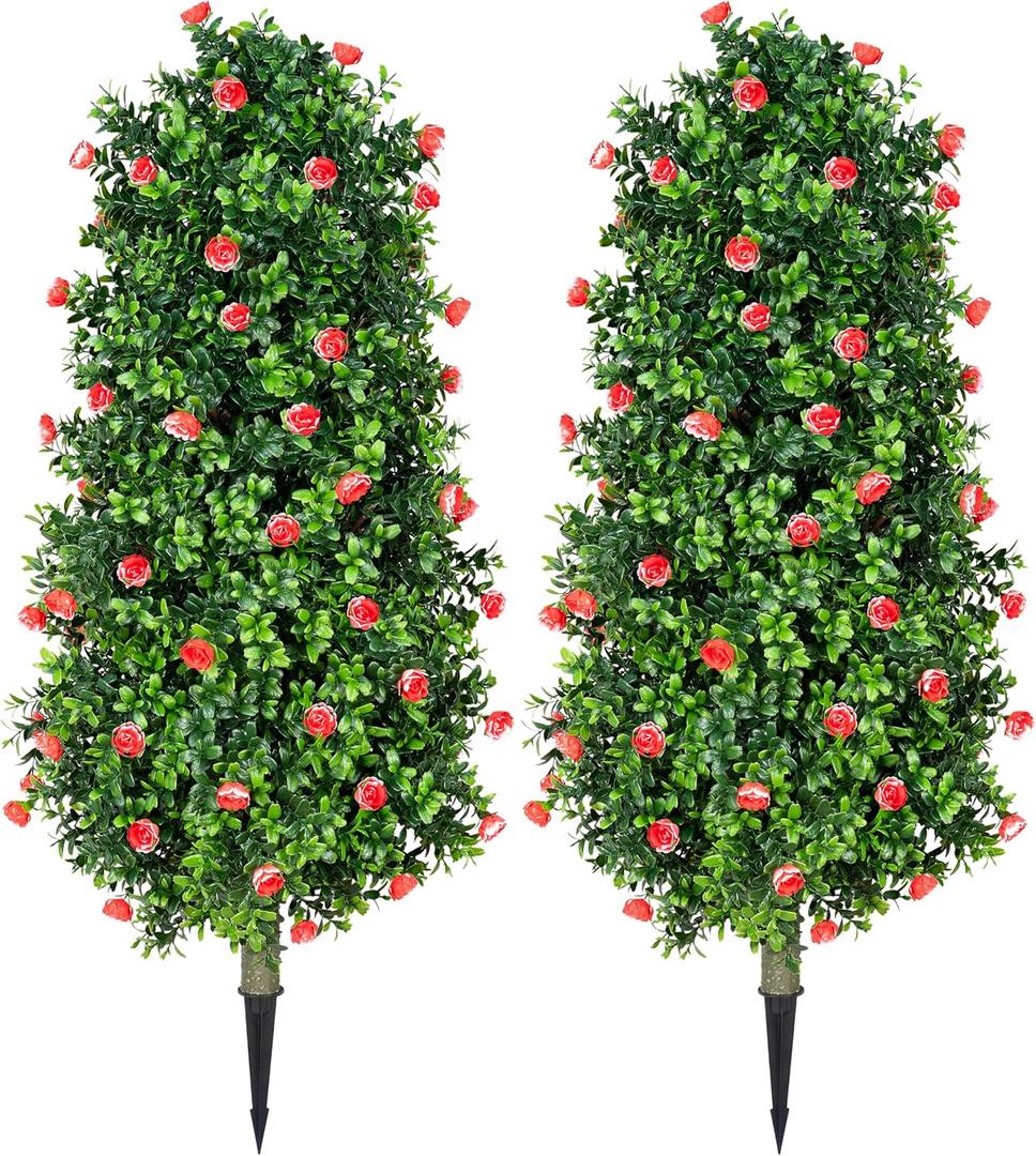 3FT Artificial red Rose Trees2 Pack, Realistic UV Resistant Faux Outdoor Plants for Patio Garden Home Decor