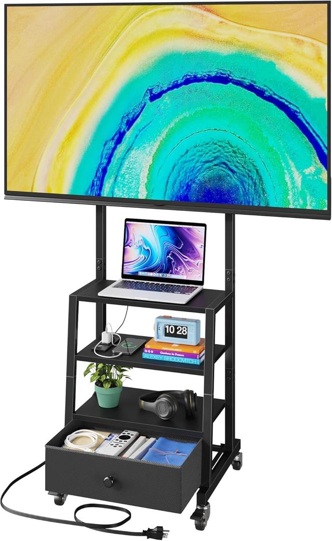 Rolling TV Stand with Wheels and Mount & Fabric Drawer - Entertainment Center with Power Outlet and Small TV Stand for Bedroom, Living Room - 15" Black
