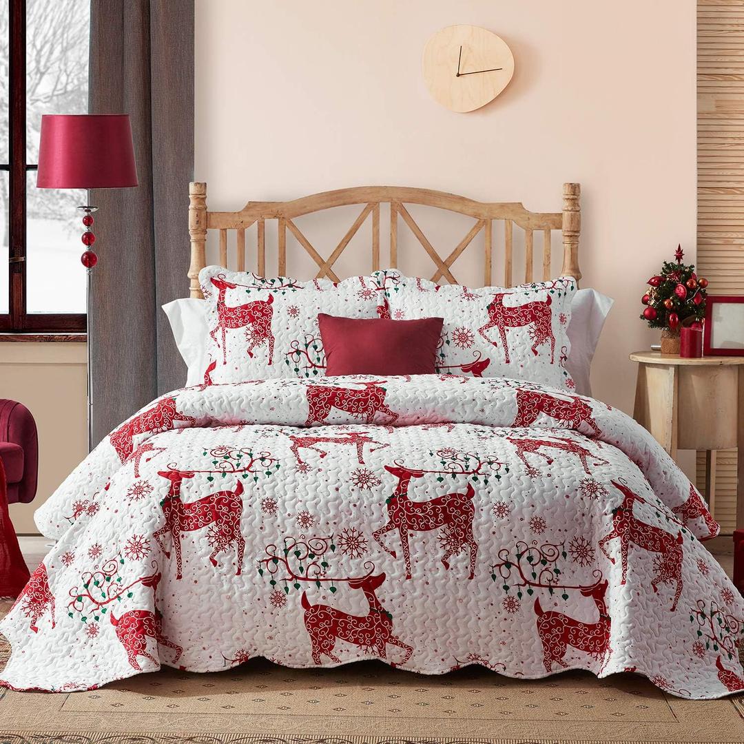 Hansleep Christmas Bedspread with Reindeer Printed Pattern, 3 Piece Reversible Quilt Bedding Set, Lightweight All Season Bedspread and Decor Coverlet (Full/Queen (90"x96"))