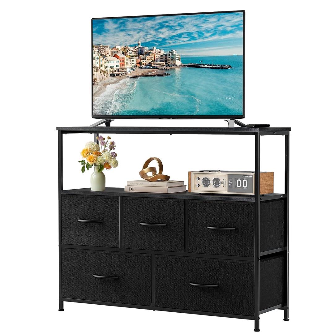 TV Stand with 5 Fabric Drawers, Dresser for Bedroom Entertainment Center for 45 inch TV Storage Organizer with Open Shelf, Wooden Media Console Table for Living Room, Bedroom, or Small Space, Black