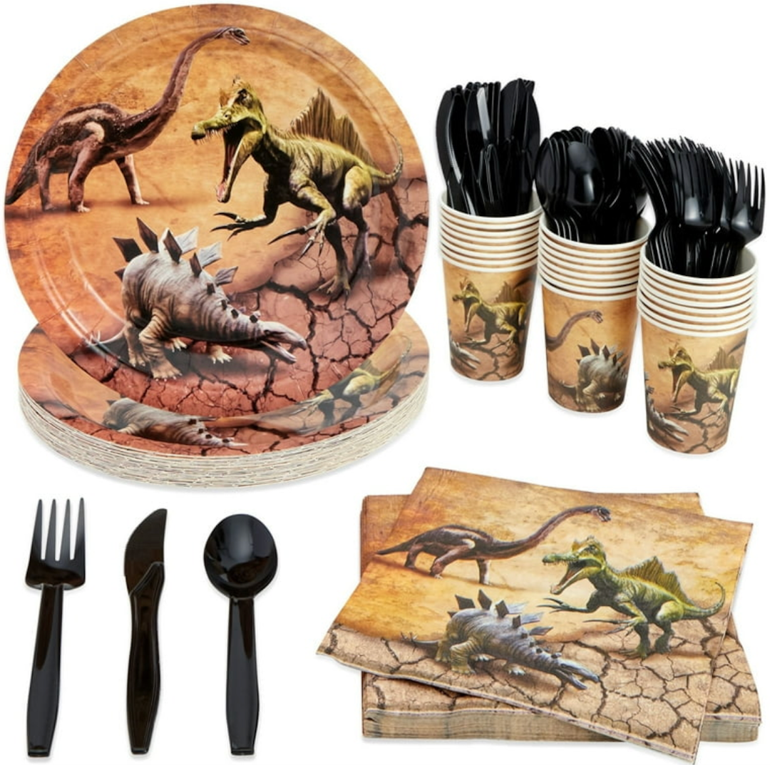 44 Piece Jurassic Dinosaur Birthday Party Supplies with Dino Plates, Knives, Spoons, Forks, Cups, and Napkins (Serves 24)