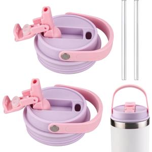 Lid compatible with STANLEY IceFlow Stainless Steel Tumbler 20oz, 30oz,Leak-Proof Splash Resistant Tumbler Top Replacement Reusable Tumbler Cover,With 2 straws (2, Light Purple)
