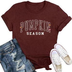 Pumpkin Shirts for Women Fall Season T-Shirt Halloween Thanksgiving Autumn Crewneck Tee (Red, L)