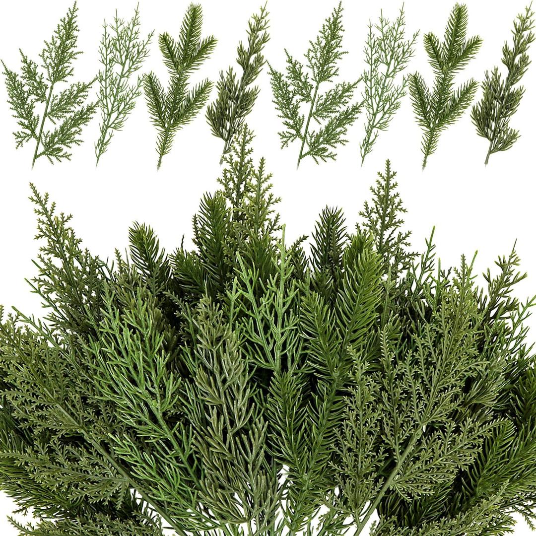 40 Pcs Artificial Pine Branches Assorted Faux Pine Stems Cedar Leaves Needle Sprigs Plastic Fake Christmas Greenery Pine Picks for Xmas Tree Wreaths Garlands DIY Accessories Home Decor (40, Green)