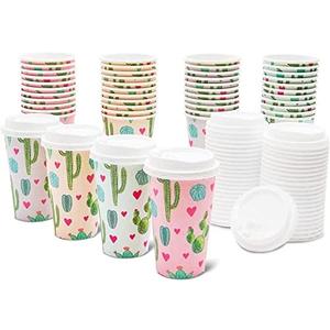 BLUE PANDA 48 Pack Disposable 16oz Coffee Cups with Lids - Cactus Party Supplies - Paper To Go Cup for Themed Birthday Parties, Weddings, Baby Showers