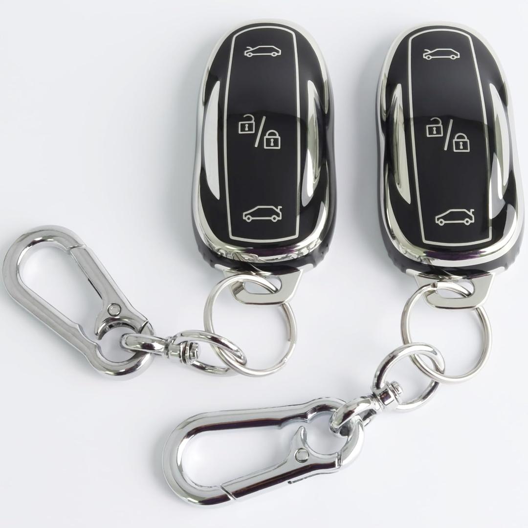 2pcs Key Fob Cover for Tesla Model S/Y/3. TPU Car Key Case Protector with Anti-Loss KeychainBlack
