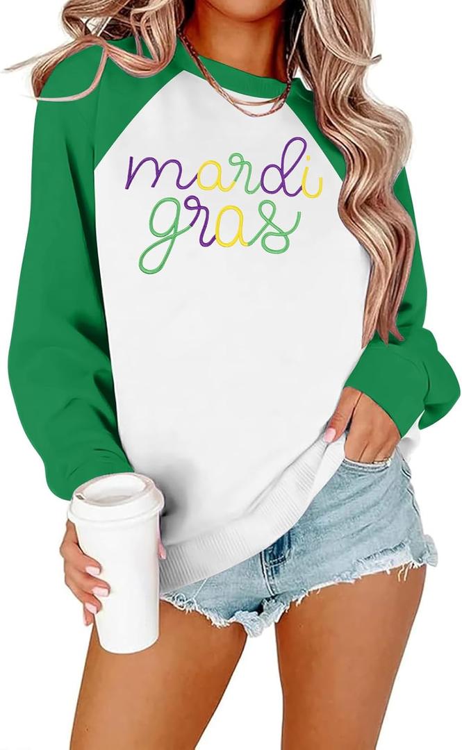 EGELEXY Mardi Gras Sweatshirt Carnival Outfits Women Carnival Embroidery Sweatshirts Fat Tuesday Pullover Tops (Large, Raglan Green)