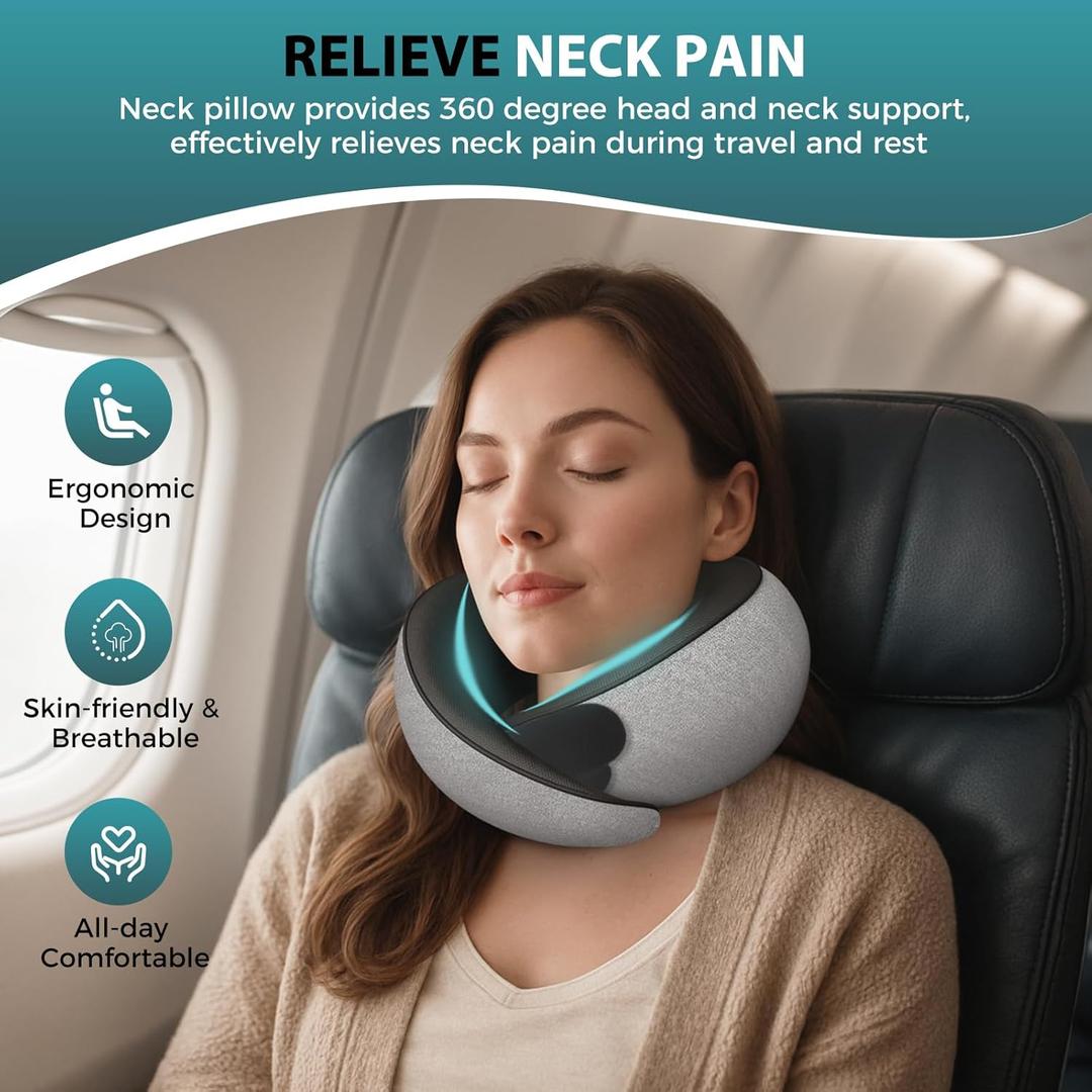 Travel Neck Pillows for Airplanes - 360° Ergonomic Memory Foam Travel Pillow - Relief Neck Pain with Breathable Support for Long Flights, Car, Train & Office Use - Adults & Kids (Gray)