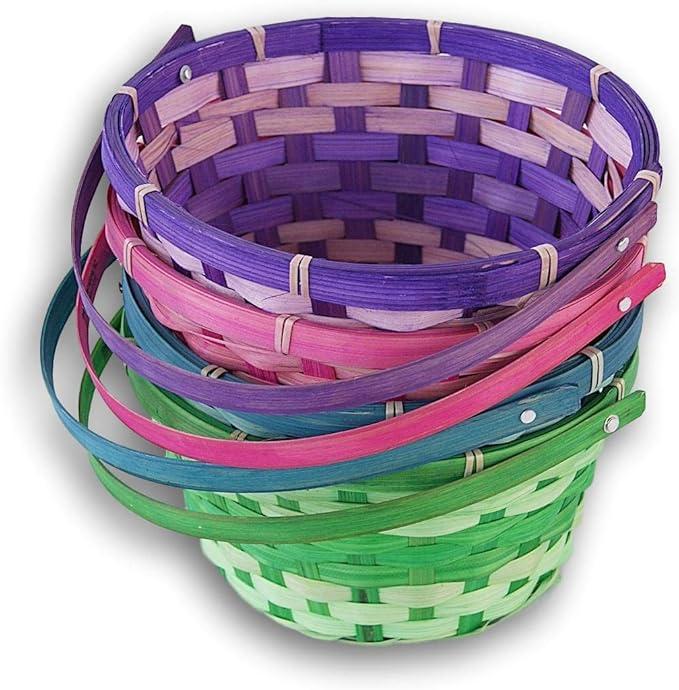 Easter Baskets with Hinged Handle - Round Woven Bamboo (Purple And Blue) 3 Pack