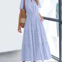 BTFBM Womens Summer 2026 Casual Midi Maxi Dresses Lightweight Short Sleeve V Neck Elastic Waist Boho Beach Dress Pockets (Blue, XXL)