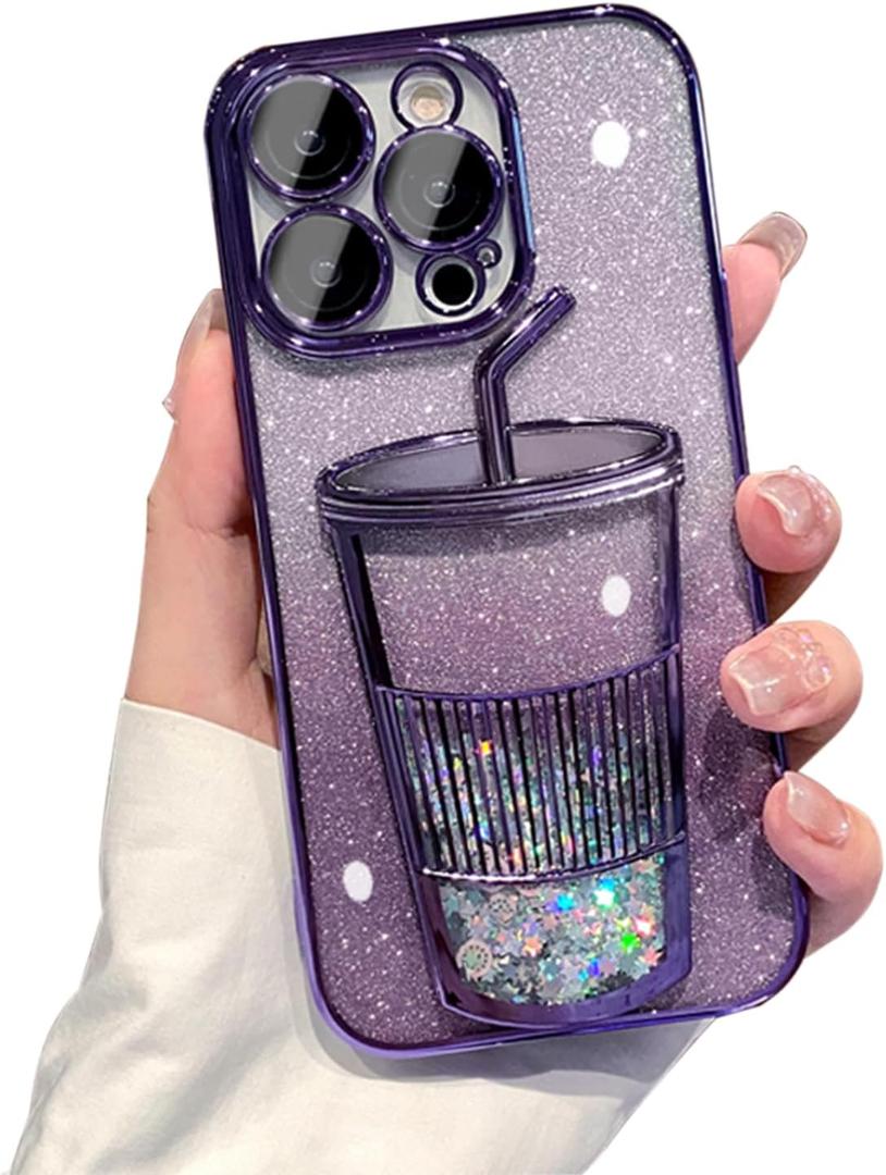 3D Bling Sparkle Plating Juice Bottle Designer Phone Case Compatible with iPhone 15 Pro, Cute Liquid Floating Gradient Glitter Quicksand Cup Phone Case Cover with Camera Protection for Women - Purple