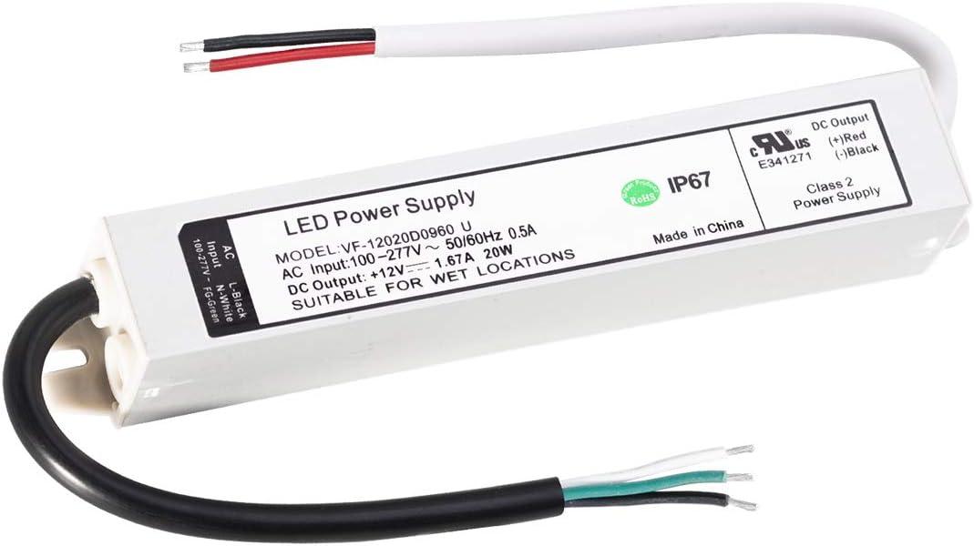 UL Certified LED Driver 12v 20W Waterproof IP67 Small Class 2 LED Power Supply Transformer 100V-277V AC to 12V DC Low Voltage Output for LED Light Outside (20W-12V)