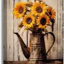 Vintage Sunflower Wall Art Farmhouse Rustic Yellow Sunflower Painting Wooden Background Print Poster Framed Country Style Flower Picture for Bathroom Kitchen Decor, 24"L x 16"W