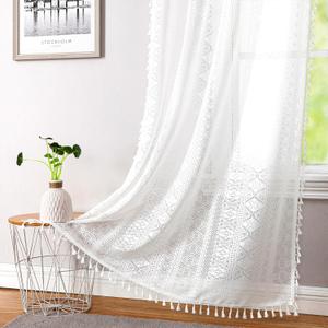 White Boho Linen Textured Tassel Sheer Lace Curtains, Chic Crochet Geometry Knitting Rod Pocket Window Drapes for Living Room Bedroom, 2 Panels,54" L x 40" W