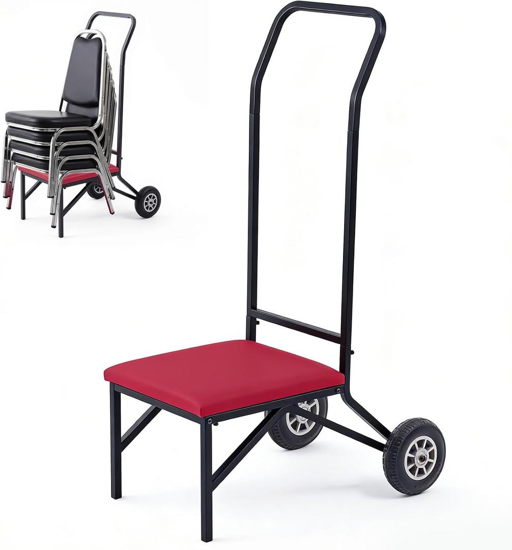 DaisyInner Heavy Duty Stacking and Banquet Chair Dolly Hand Truck with Oversized Rubber Wheels and Orange Cushion for 8-10 Chairs Coated Iron Transport Cart for Events Party Hotels Church (Red)