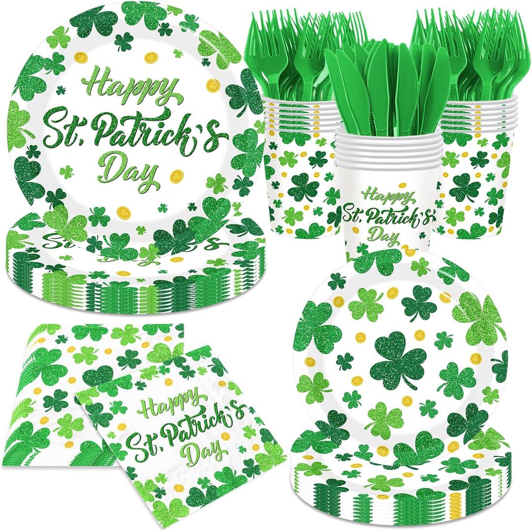 St. Patrick's Day Party Supplies - 144Pcs Lucky Shamrock Plates and Napkins Green Shamrock Tableware Decoration for St. Patrick's Day Birthday,Irish Party Supplies Serves 24