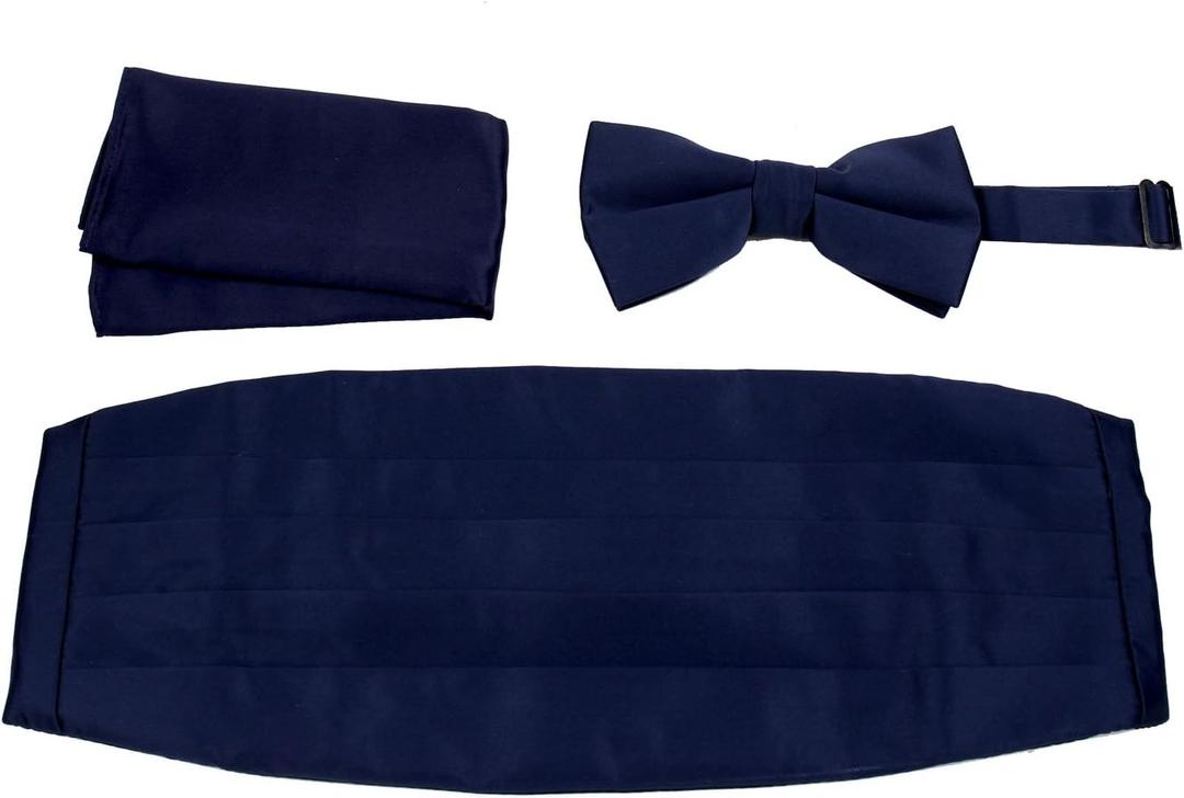 Mens Formal Woven Satin Cummerbund Pre-Tied Bowtie Hanky set - Many Solid Colors, Navy